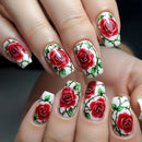 Nails with red rose floral design on a white background, Obroi