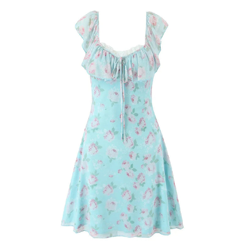 Floral Bow Ruffles Strap Sling Dress Women Backless Slim Waist Mini Sleeveless Tank Dresses Robe