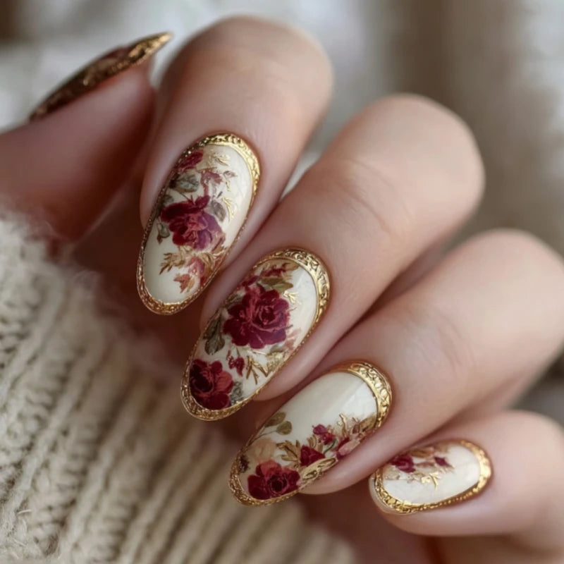 24Pcs Press-On Nails with Gold-Plated Rose Almond Classic Floral Design Elegant Nails Perfect As Gifts for Women