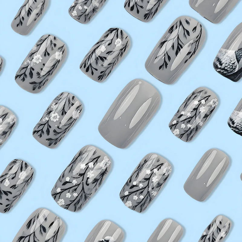 Press on Nails with Pigeon Flower Fake Nails Press on Nails Short Square Wearable False Nails for Women