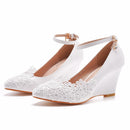 Women Wedding Shoes Bride Bridesmaid Dress 8cm Wedges High Heels White Lace Flower Female Pumps