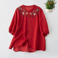 Spring Summer Cotton Linen Embroidery Blouse Shirt Button Elegant Office Ladies Women Casual Loose Tops Temperament