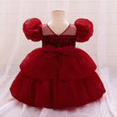 Girl's Mesh Bubble Sleeves Fluffy Skirt Birthday Party Wedding Flower Girl Performance Dress