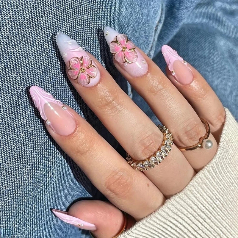 Handmade Manicure Almond Fake Nails Cute Flower Limited Press On Nails Design with Adhesive Nail File Set