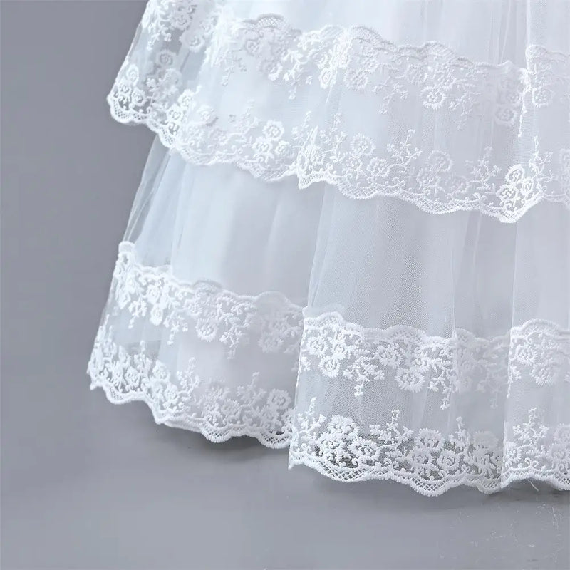 Children's Dress Girls Waistband Pearls Design Layers Princess Lace Kid Costume For Wedding Party