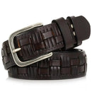 Brown woven leather belt with silver buckle on a white background, Obroi
