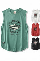 Collection of sleeveless shirts with vintage racing graphics on a white background, Obroi