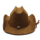 Brown suede cowboy hat with a decorative band and button on a white background, Obroi