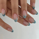 Close-up of hands with pink and blue gradient nails on a white background, Obroi