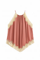 Summer Women Glossy Satin Halter Camisole Ruffle Lace Trim Loose Flowy Irregular Hem Sleeveless Tank Top