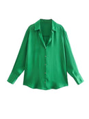 Women Loose Satin Shirts Vintage Long Sleeve Button-up Female Blouses Chic Tops