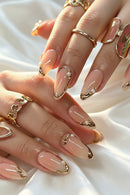 24pcs Metal Gold Lines French Press On Nails Glossy Medium Almond False Nails Full Cover Gold French Tips