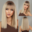 Shoulder Length Wig Straight Blonde Ombre Brown Wigs For Women Density Layered Wigs With Bang
