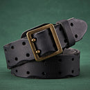 Black leather belt with a brass buckle on a green background, Obroi