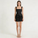 Women's Satin Ruched Mini Dress Square Neck Corset Bodycon Party Dress