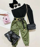 Autumn Children Girls Clothing Sets Solid One-Shoulder Long Sleeve Tops+Elastic Waist Pants 2pcs Casual Outfits