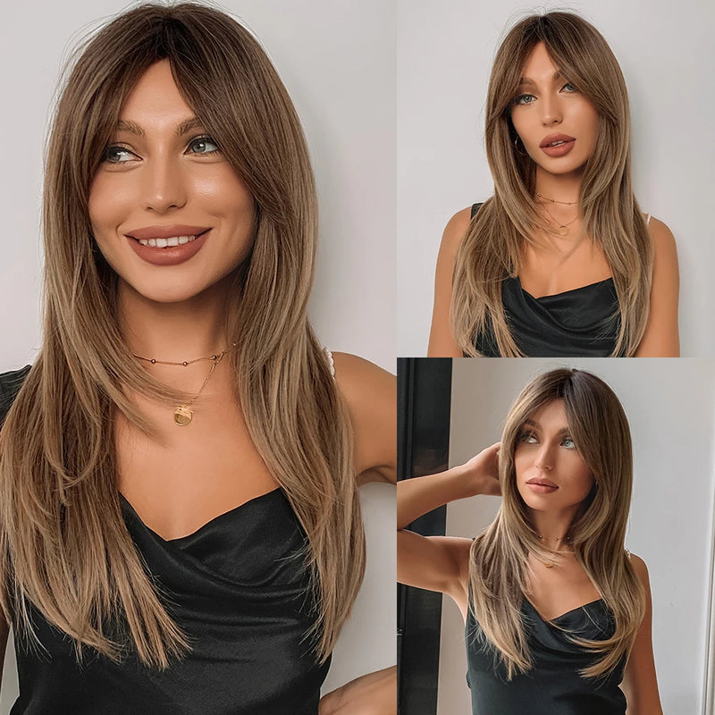 Auburn Synthetic Hair Wig for White Women Long Layered Ginger Wigs with Bangs Natural