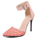 Pink high-heeled shoe with lace detail on a white background, Obroi