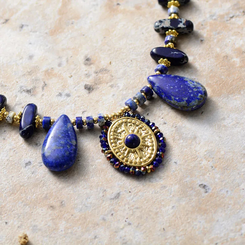 Natural Stone Lapis Ethnic Boho Art Deco Necklace Designer Beads Jewelry