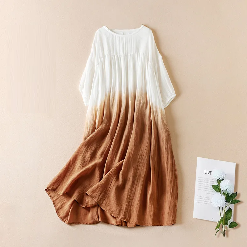 Women Spring Summer Ramie Dress Gradient Design Loose Long Dresses Female Cotton