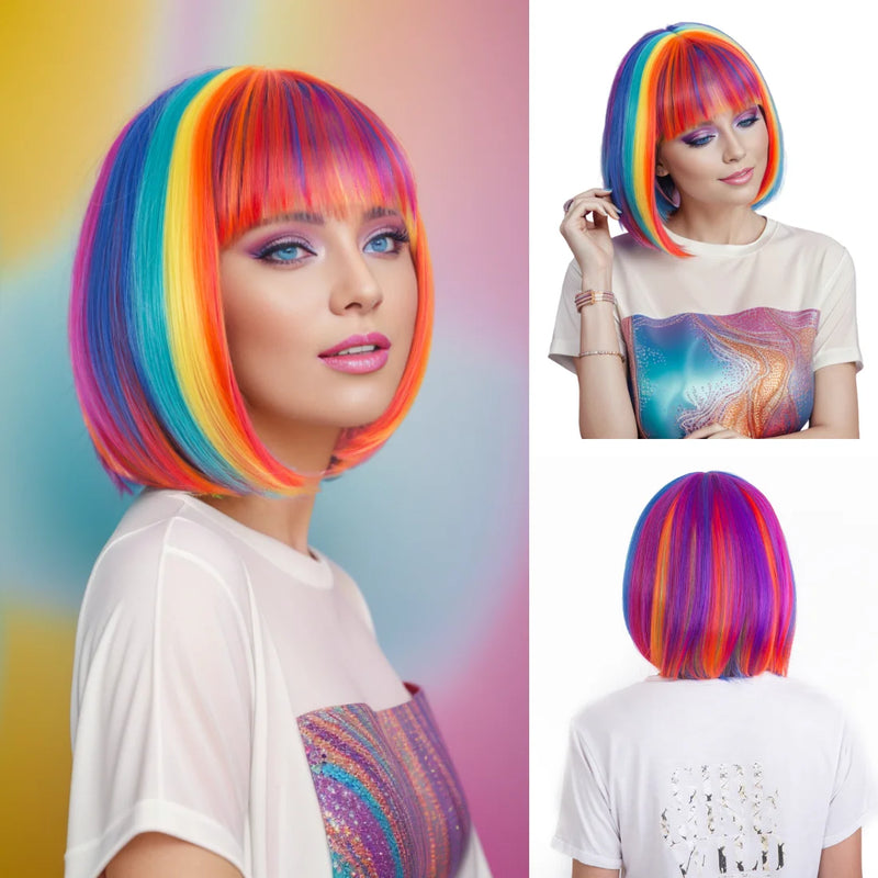 Wig Short Bob Wig With Bangs Curly Wavy Synthetic Cosplay Wig For Women Girls