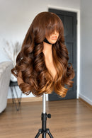 Ombre Brown Glueless Lace Frontal Wig With Bangs Body Wave 13x4 HD Lace Wig Pre Plucked And Blend Closure Wig