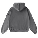 Gray hoodie with a distressed back design on a white background, Obroi