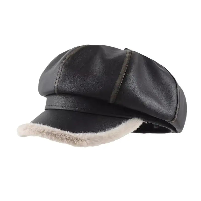 Luxury Hat Women Men Military Caps Faux Leather Octagonal Hat Warm Velvet Newsboy Captain Caps For Autumn Winter