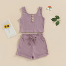 Summer Kids Girl Outfits Buttons Sleeveless Rib Knit Tops Elastic Waist Shorts Clothes Set