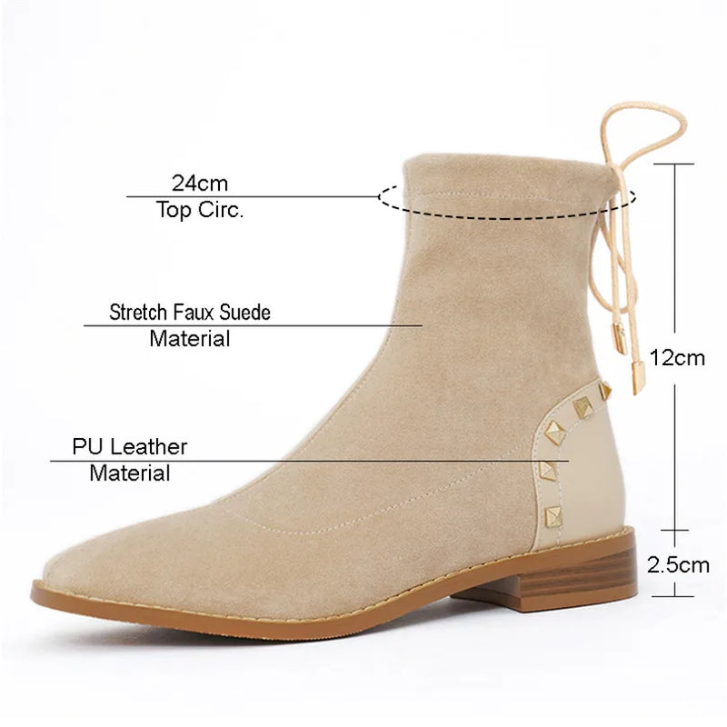 Winter Women Plush Ankle Boots Beige Stretch Casual Lady Square Toe Low Block Heel Lace Up Rivet Short Boots