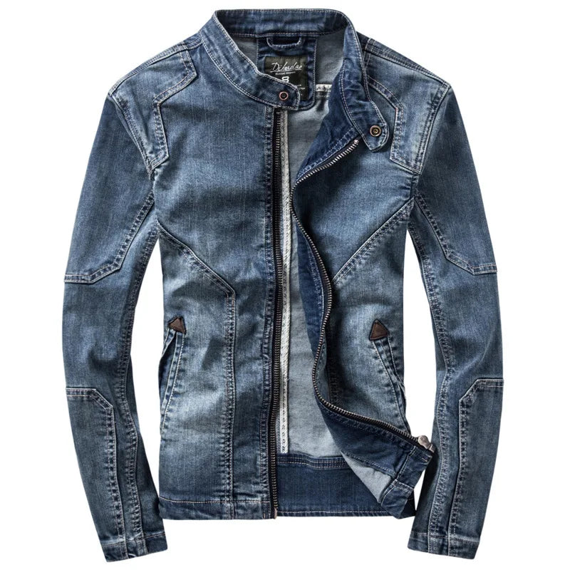 Retro Handsome Men Europe and The United States Boutique Slim Jeans Jacket Standing Collar Denim Jacket