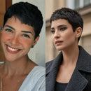 Side-by-side comparison of a woman with short black hair, wearing different outfits, Obroi