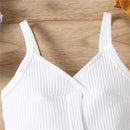 Kids Girls Clothes Suits Solid Color V-Neck Ribbed Sleeveless Sling Tank Tops Buttons Pencil Skirts Headband 3Pcs Sets