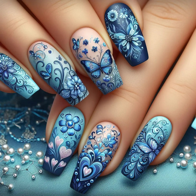 24Pcs Blue Gradient Nails Flower False Nails Retro Cute Artificial Nail Med-length Nail Tips
