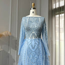 Luxury Crystal Blue Evening Dress with Overskirt Long Sleeves Women Wedding Formal Party Gown