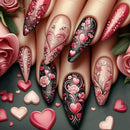Romantic Floral Press on Nails with Love Design Nails for Women Valentine’s Day Wear Tips