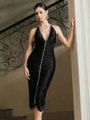 Evening Glamour Black Halter Crystal-Embellished Fringe Backless Midi Dress Gown