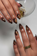 24pcs handmade almond nails Shimmery warm-brown base with hand-drawn black tiger stripes Reusable