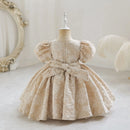 Embossing Flower Girl Birthday Dress Cute Bow Gown Lantern Sleeves Princess Dress For Girls