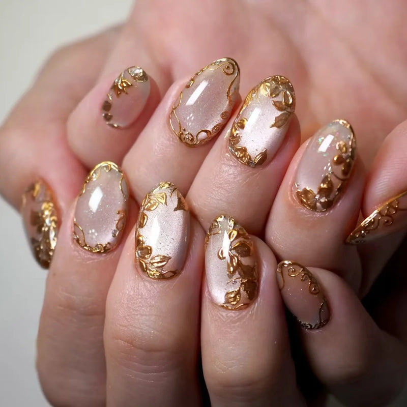 Green Oval Nail with Shiny Cat Eye Flower Design Fresh French Wearing Nail Art Tips Short Almond Acrylic Nails Set