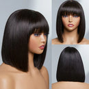 Black bob wig with bangs on a mannequin head, shown from multiple angles, Obroi