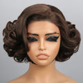 A dark brown lace wig with voluminous, curled 1970s-style waves, displayed on a mannequin head against a neutral gray background, Obroi