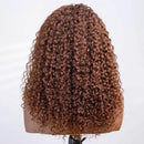 A medium brown curly wig with tight, voluminous curls displayed on a mannequin head against a plain white background, Obroi