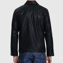Black leather jacket worn by a person on a white background, Obroi