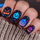 Halloween-themed nail art with pumpkins and ghosts on a black background, Obroi
