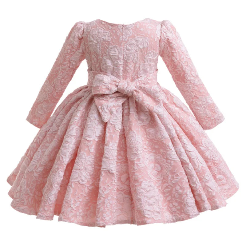 Girls Long Sleeved Bow Solid Dress Christmas Fashion School Performance Graduation Ceremony Evening Dress