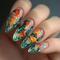 Nails with goldfish and jellyfish design on a dark background, Obroi