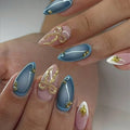 24pcs Wearable Fake Nail Sweet Pink Flower Almond Nails Sets Press on Bow Diamond Design Nails Tips Finished Pearl False Nail