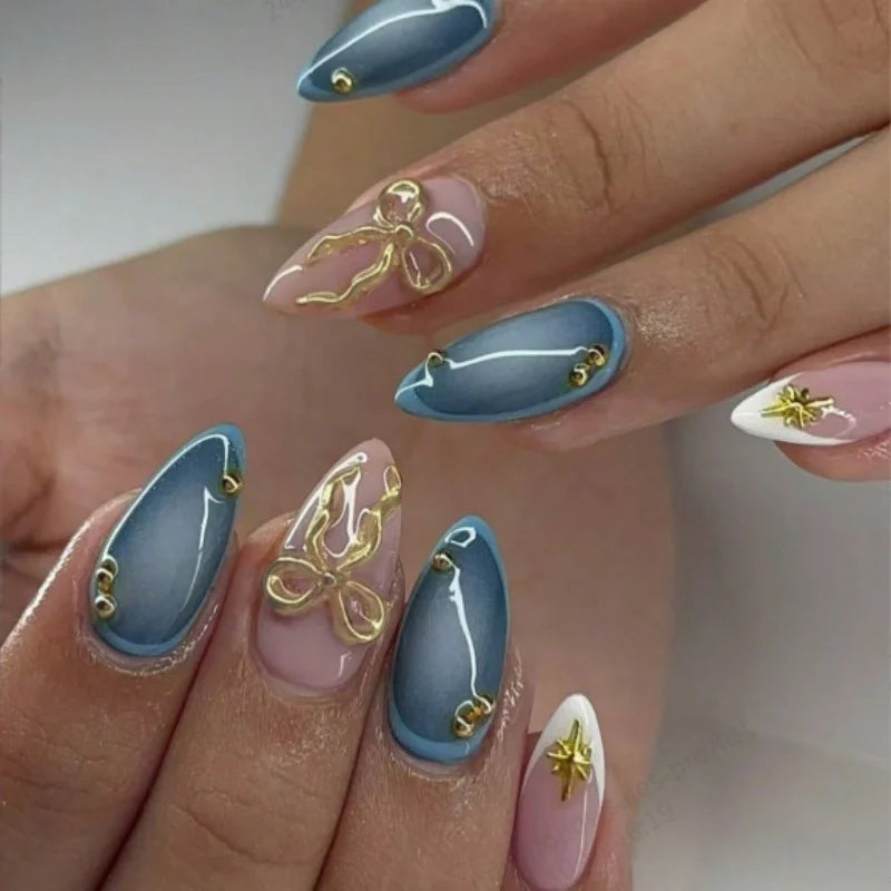 24pcs Wearable Fake Nail Sweet Pink Flower Almond Nails Sets Press on Bow Diamond Design Nails Tips Finished Pearl False Nail