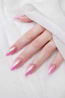 Hand with pink nail polish on a white background, Obroi